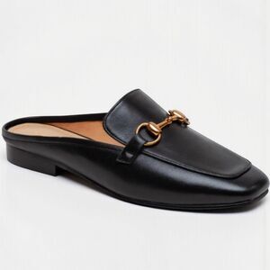 Leather Backless Mule with Gold Horsebit Accent - Black